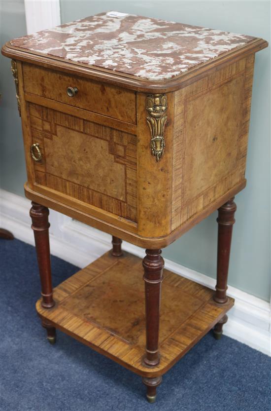 A French marble topped walnut commode, W.45cm